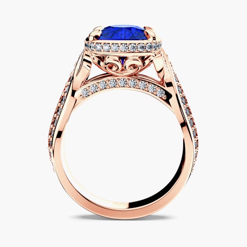 Pierścionek SAVICKI: różowe złoto, niebieski szafir, diamenty